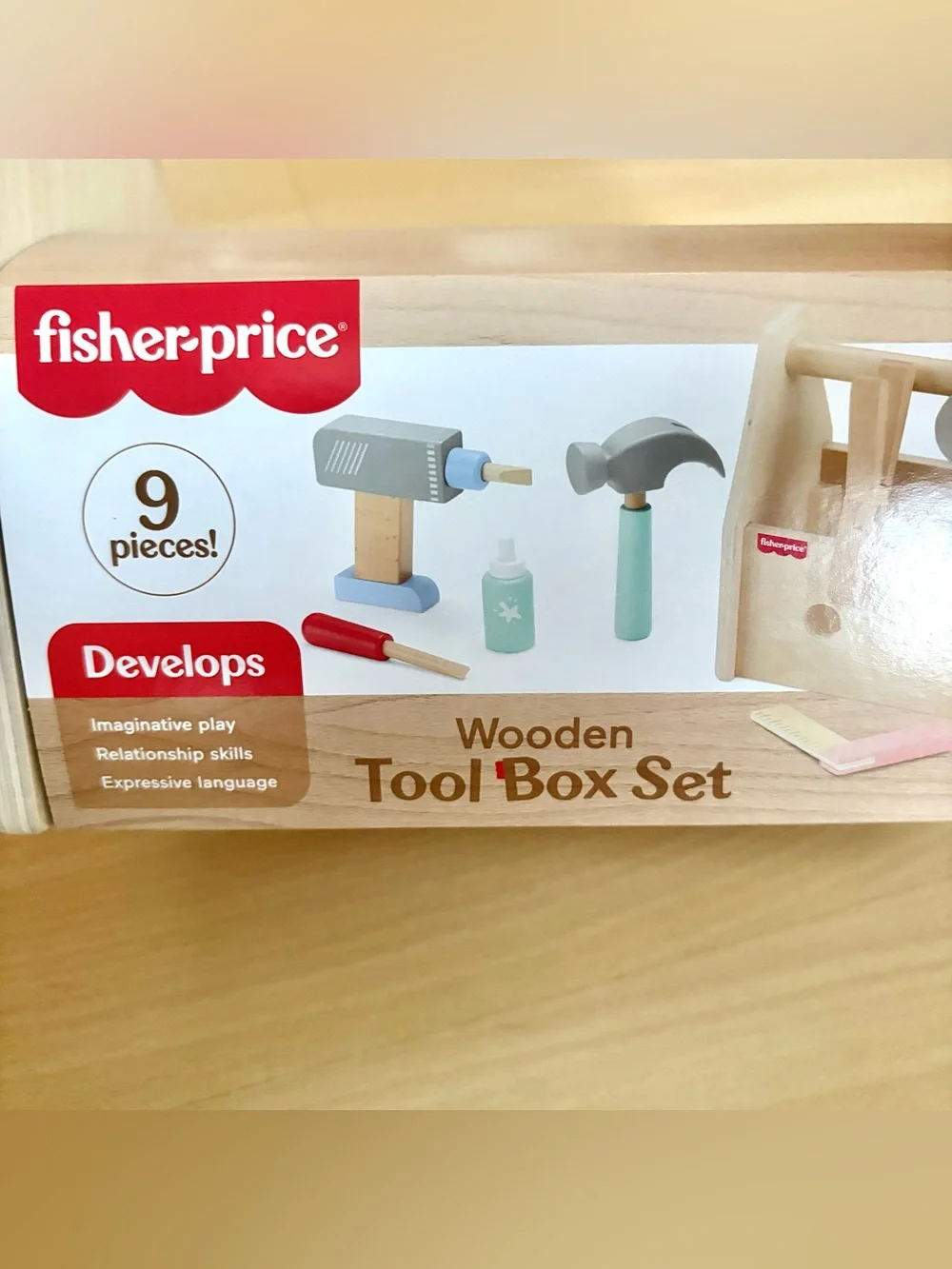 Fisher-Price Wooden Tool Box with Toy Drill Hammer Pliers Saw Wrench *NEW*